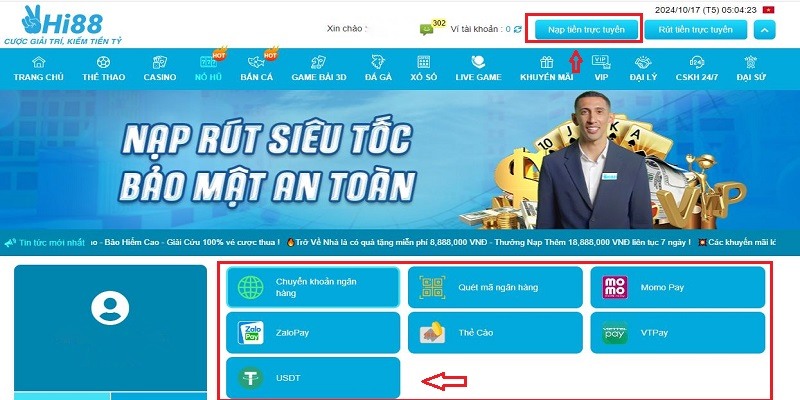 Quy trình nạp tiền Hi88 siêu đơn giản